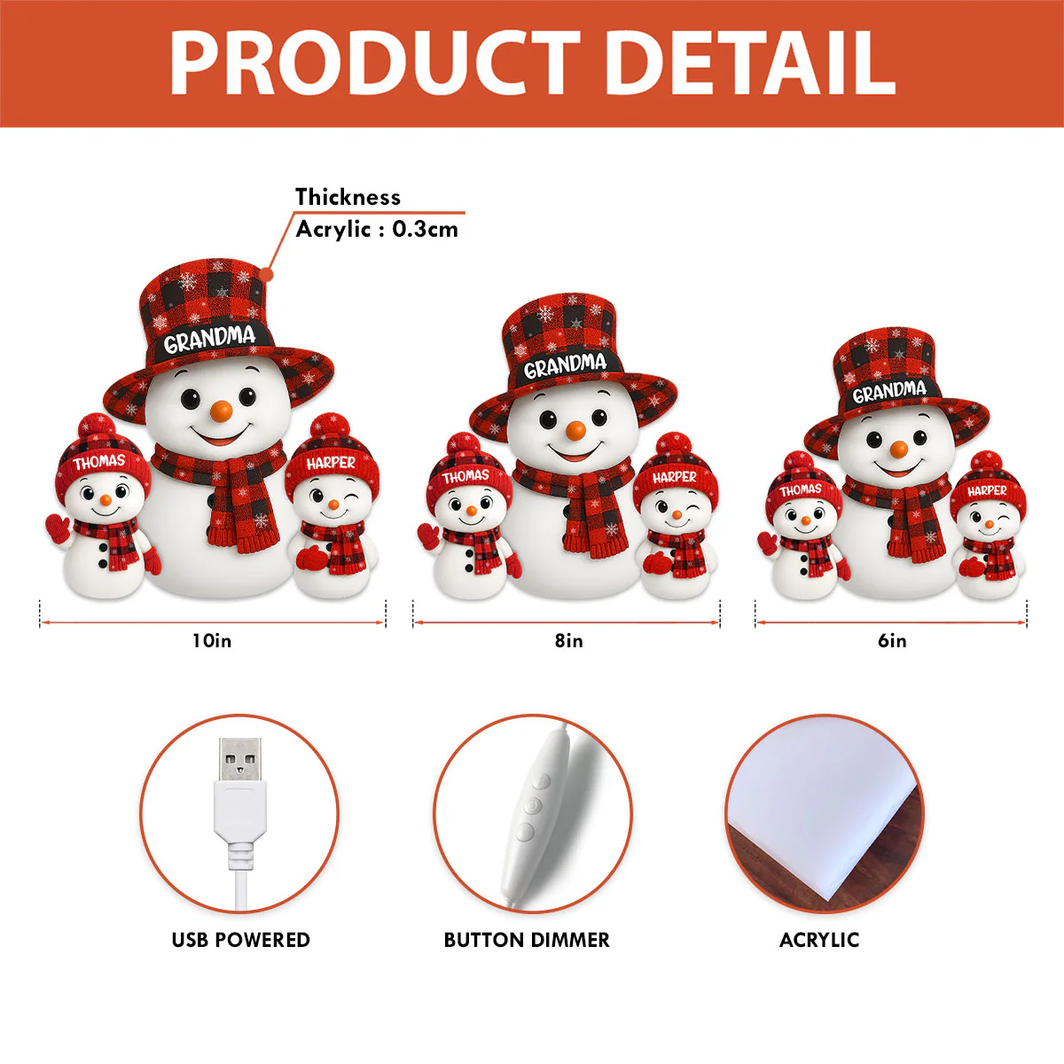 Christmas Checkered Pattern Grandma Grandkids Snowman Together - Personalized Light Box - Gift For Grandmas - Image 11