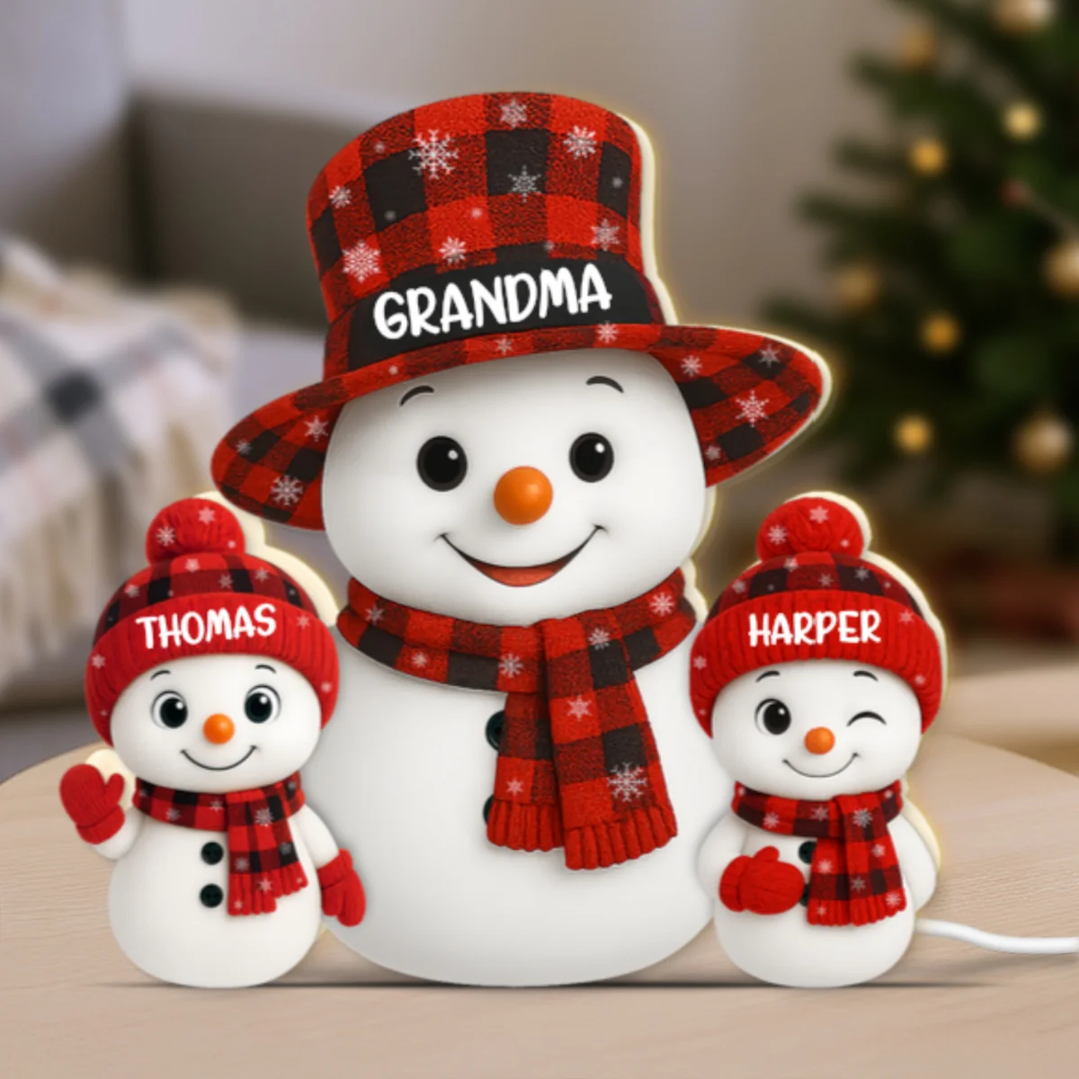 Christmas Checkered Pattern Grandma Grandkids Snowman Together - Personalized Light Box - Gift For Grandmas - Image 12