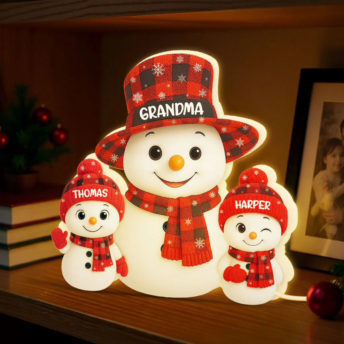 Christmas Checkered Pattern Grandma Grandkids Snowman Together - Personalized Light Box - Gift For Grandmas - Image 5