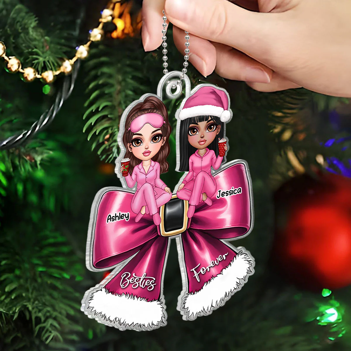 Christmas Coquette Bow Best Friends Personalized Acrylic Ornament, Christmas Gift For Besties - Image 4
