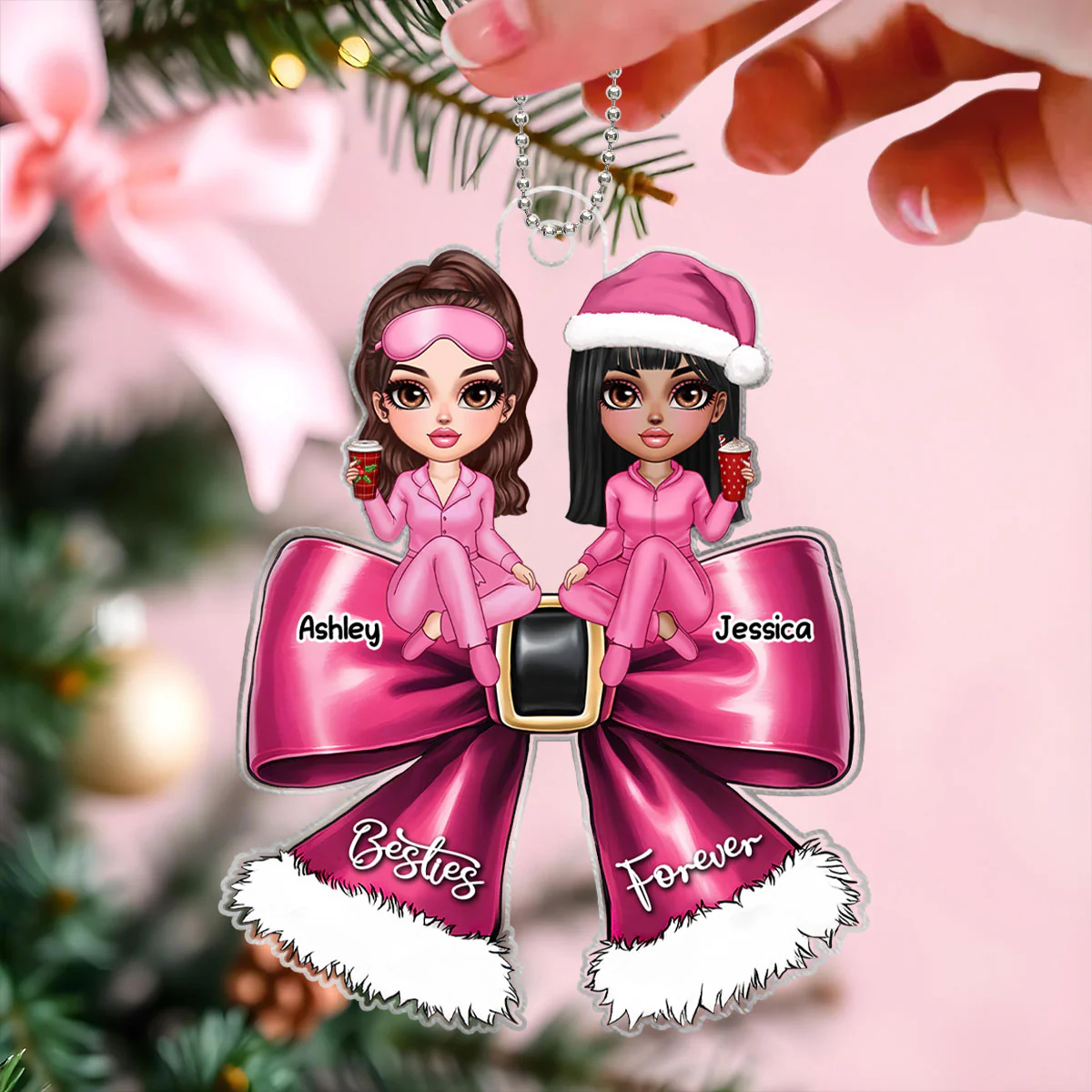Christmas Coquette Bow Best Friends Personalized Acrylic Ornament, Christmas Gift For Besties - Image 5