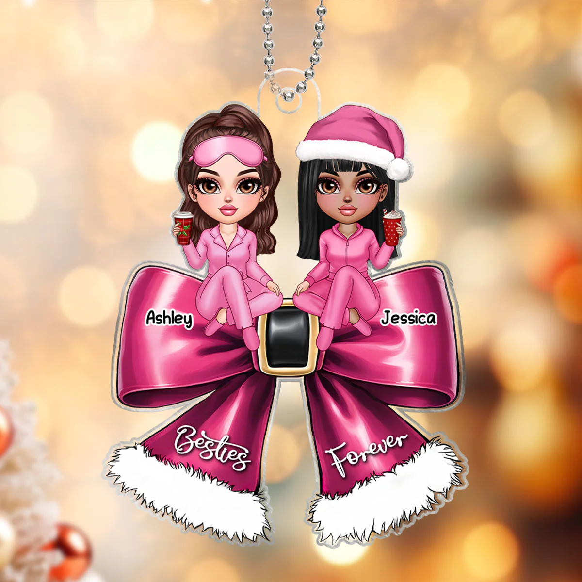 Christmas Coquette Bow Best Friends Personalized Acrylic Ornament, Christmas Gift For Besties - Image 8