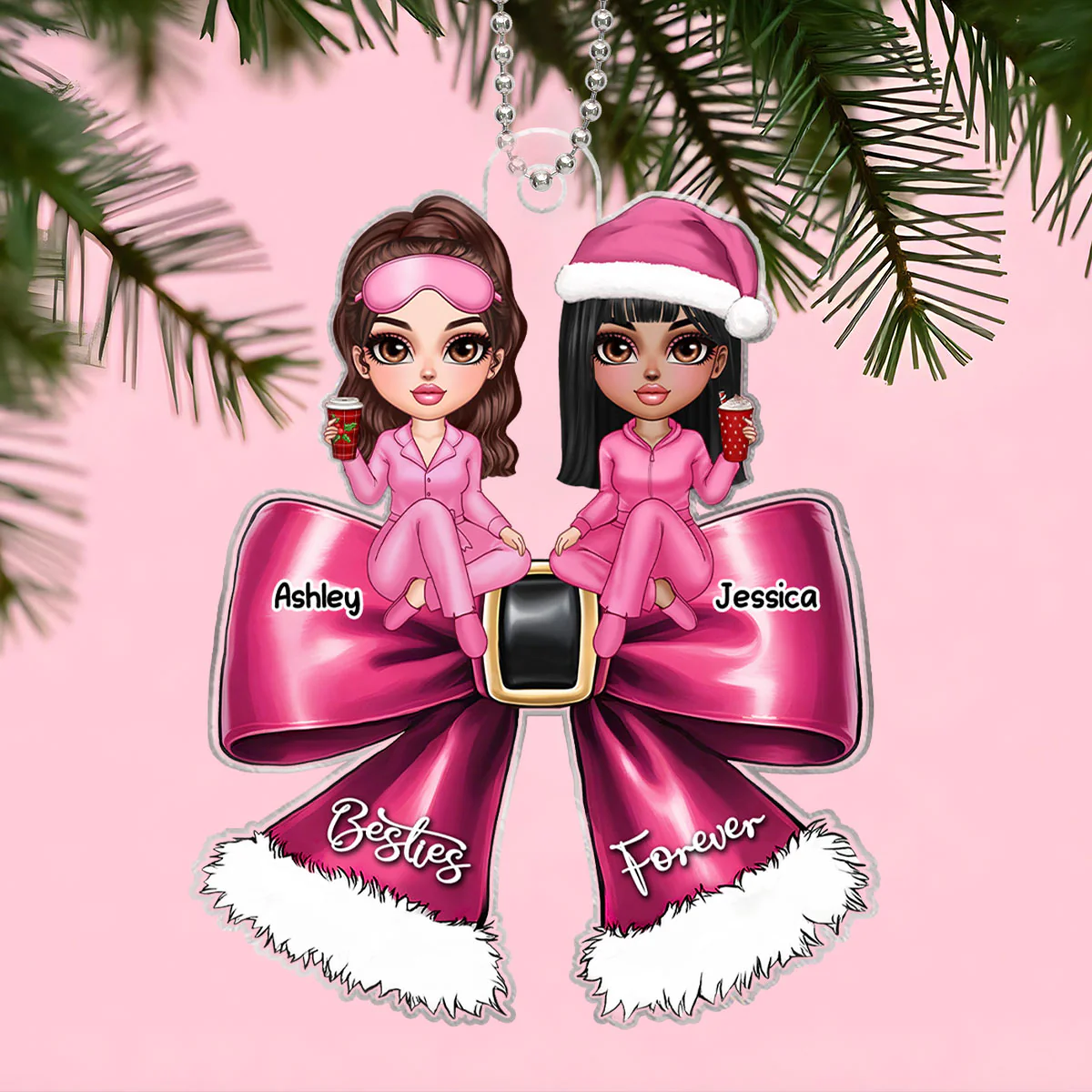 Christmas Coquette Bow Best Friends Personalized Acrylic Ornament, Christmas Gift For Besties - Image 9