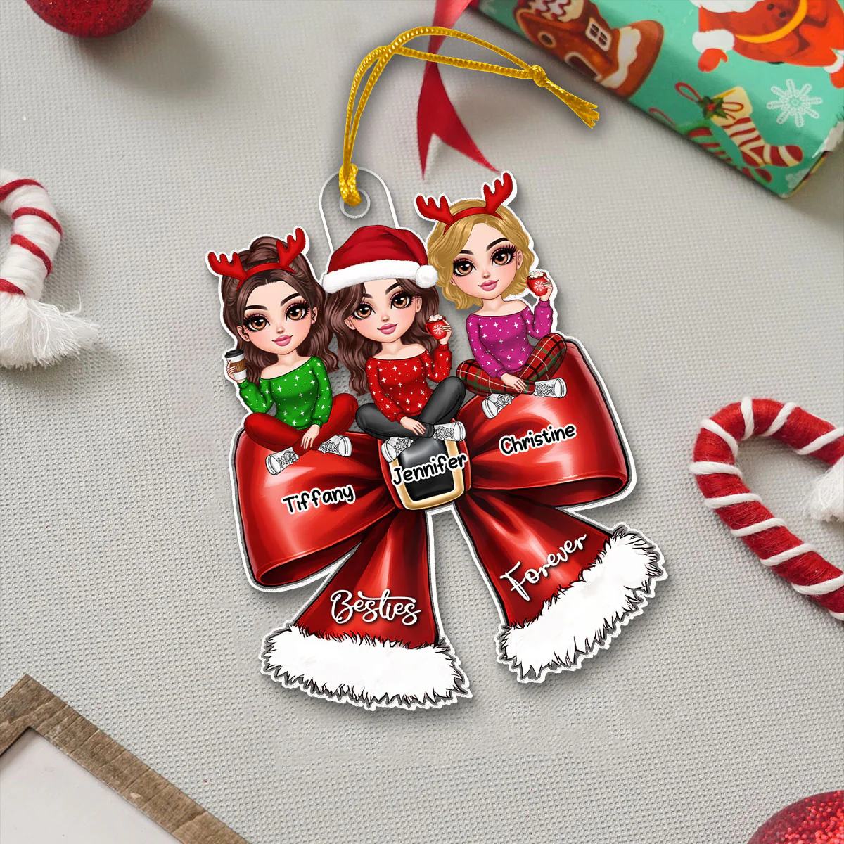 Christmas Coquette Bow Best Friends Personalized Acrylic Ornament, Christmas Gift For Besties - Image 6