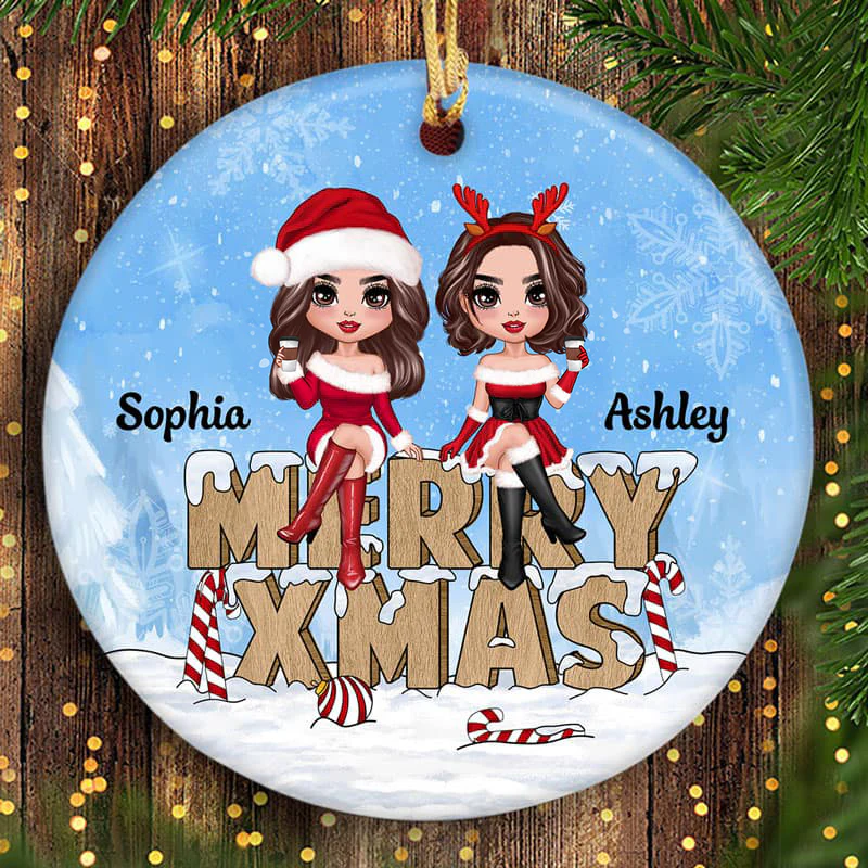 Christmas Costume Besties Sisters On Word Personalized Circle Ornament - Image 2