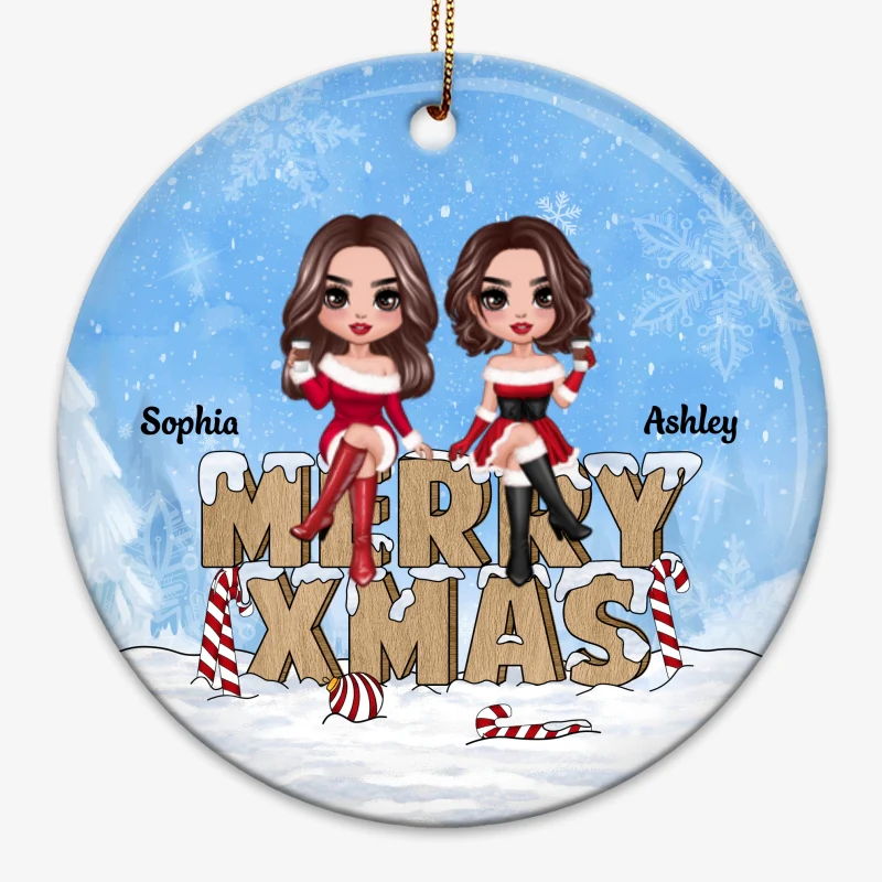 Christmas Costume Besties Sisters On Word Personalized Circle Ornament - Image 4