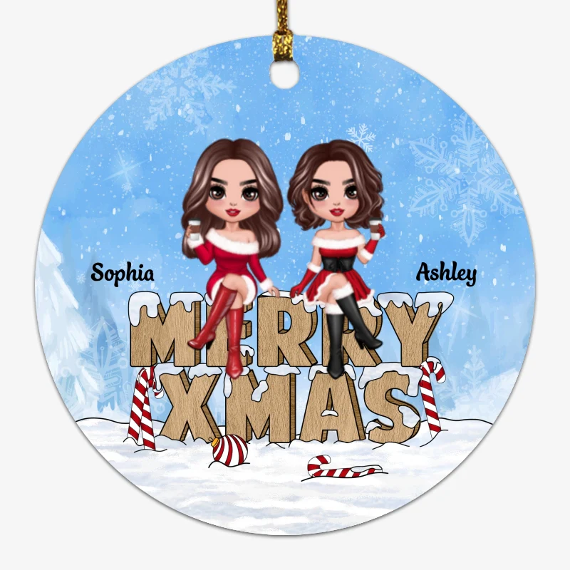 Christmas Costume Besties Sisters On Word Personalized Circle Ornament - Image 5