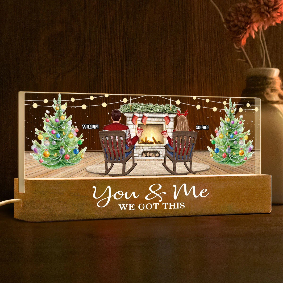 Christmas Couple Backview Fireplace Personalized Acrylic Block LED Night Light, Christmas Gift for Couples - Image 4