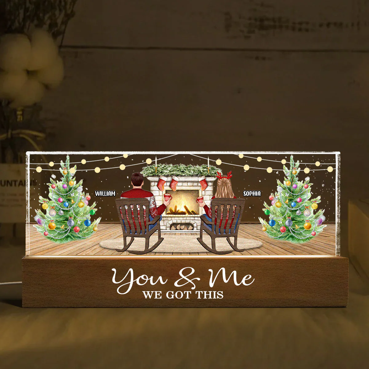 Christmas Couple Backview Fireplace Personalized Acrylic Block LED Night Light, Christmas Gift for Couples - Image 5