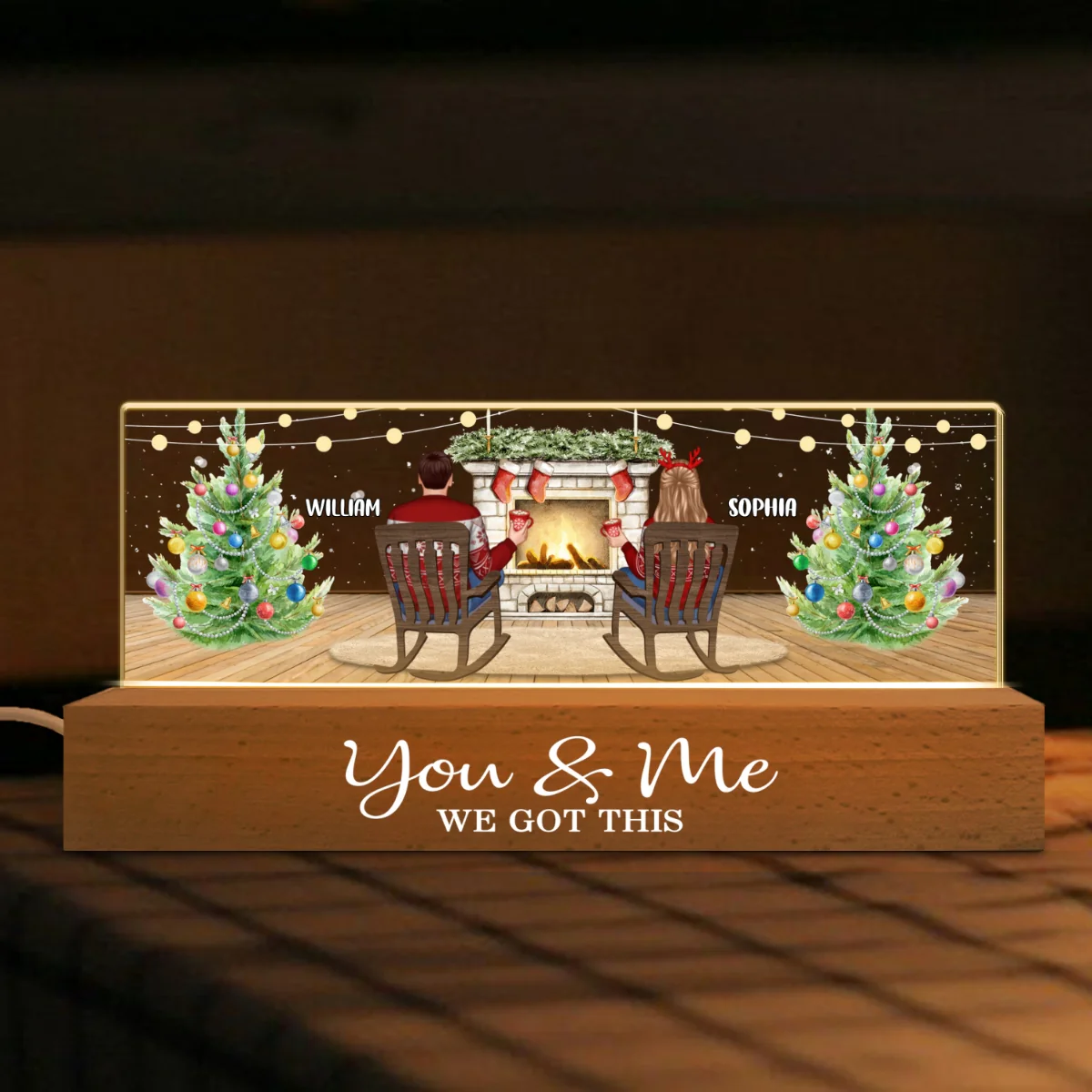 Christmas Couple Backview Fireplace Personalized Acrylic Block LED Night Light, Christmas Gift for Couples - Image 6