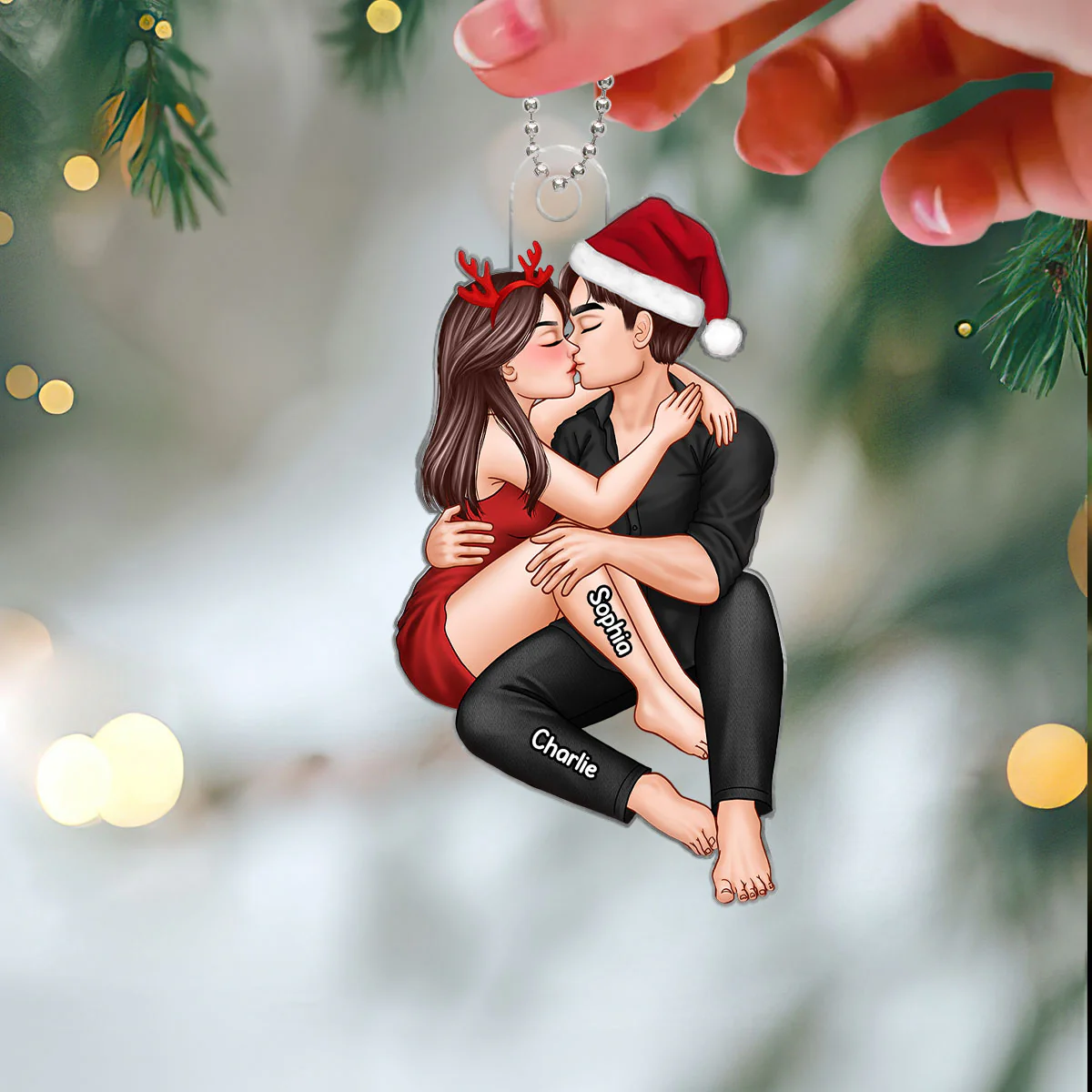 Christmas Couple Embrace & Kiss Gift For Him For Her Personalized Acrylic Ornament - Image 3