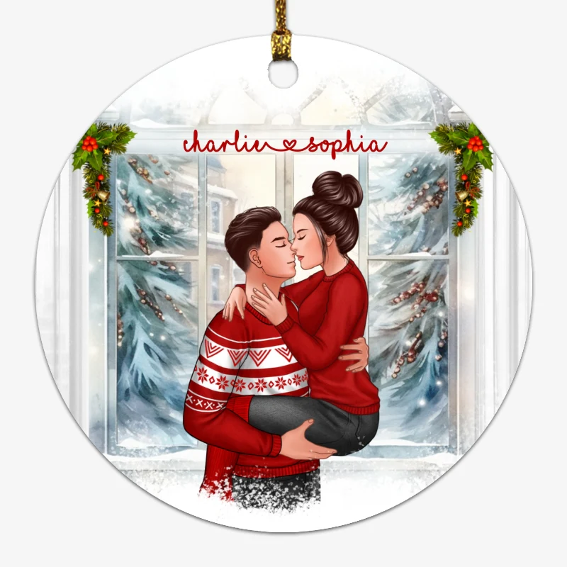 Christmas Couple Holding Kissing Window Personalized Circle Ornament - Image 6