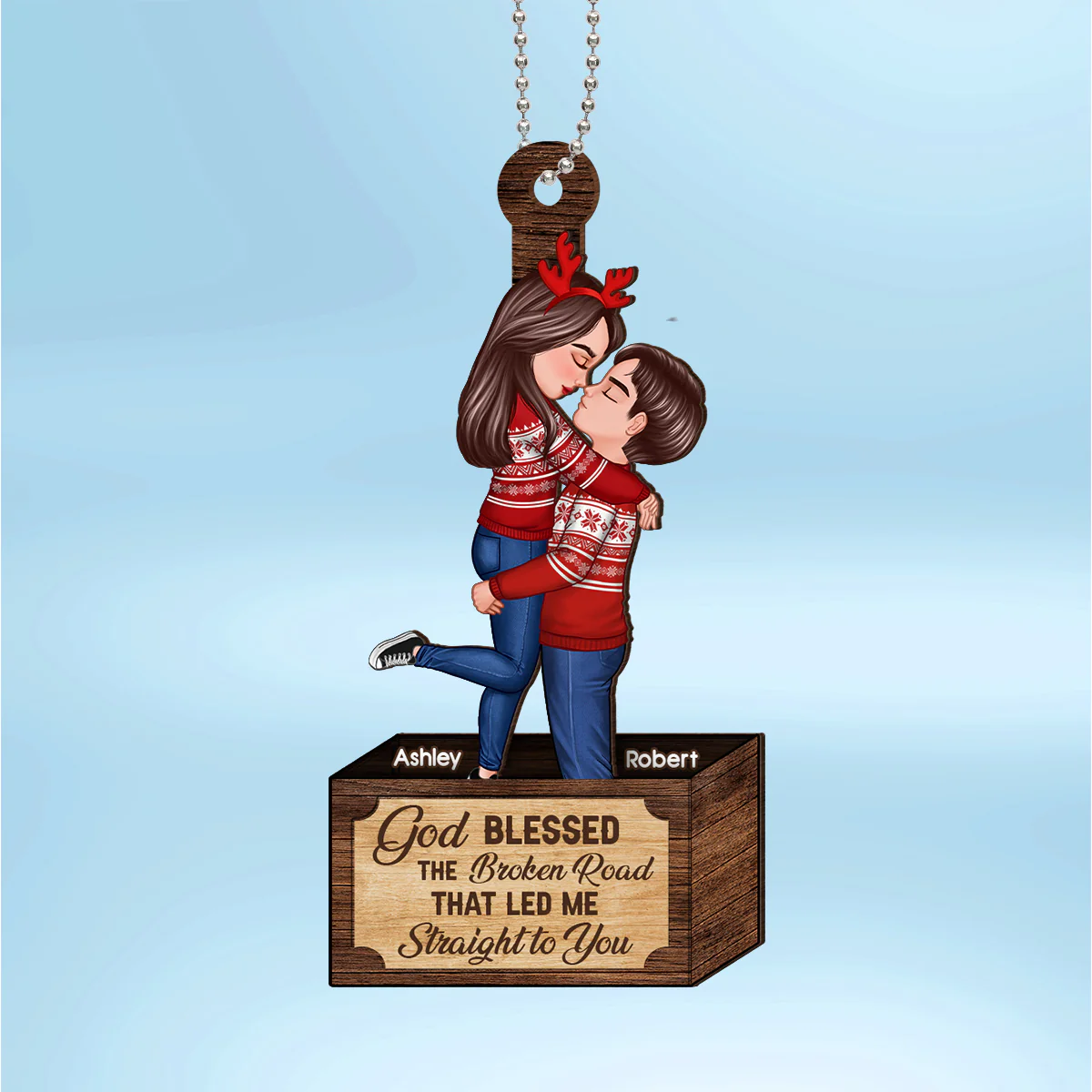 Christmas Couple Hugging Kissing In Box Personalized 2-Layer Wooden Ornament - Image 2