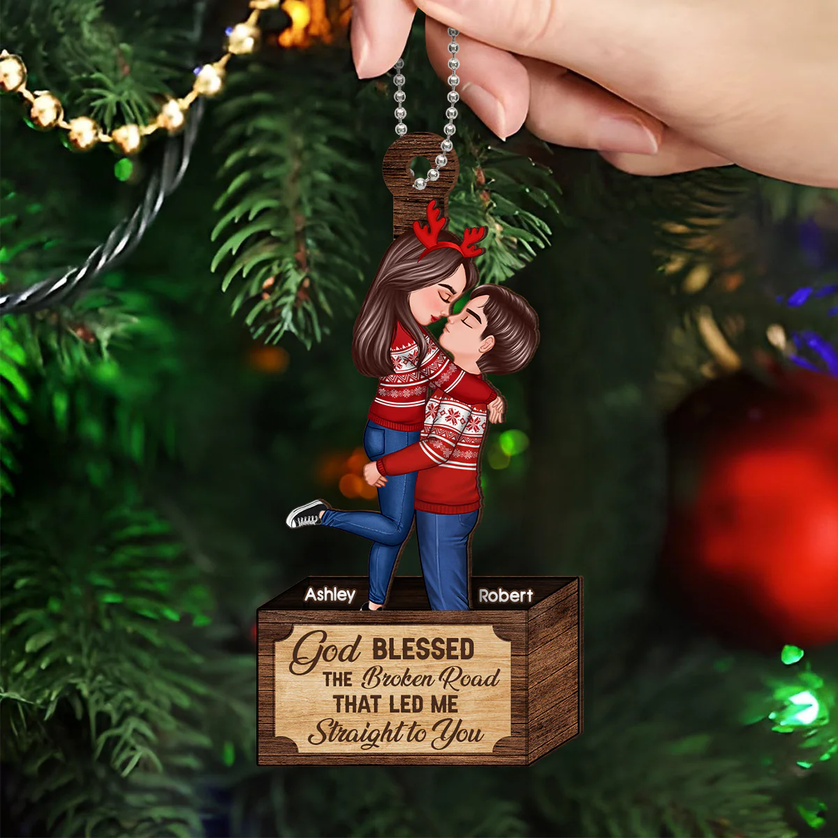 Christmas Couple Hugging Kissing In Box Personalized 2-Layer Wooden Ornament - Image 3