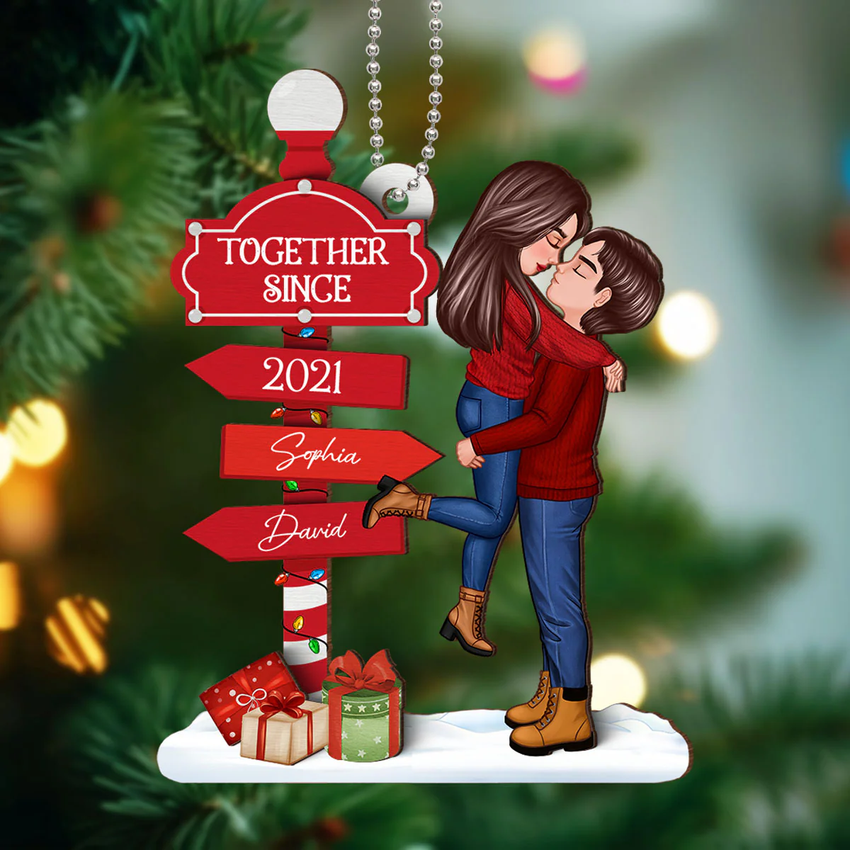 Christmas Couple Kissing Sign Personalized 2-Layer Wooden Ornament - Image 2