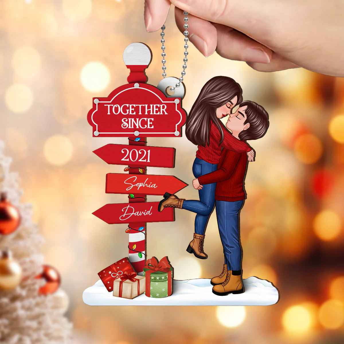 Christmas Couple Kissing Sign Personalized 2-Layer Wooden Ornament - Image 4