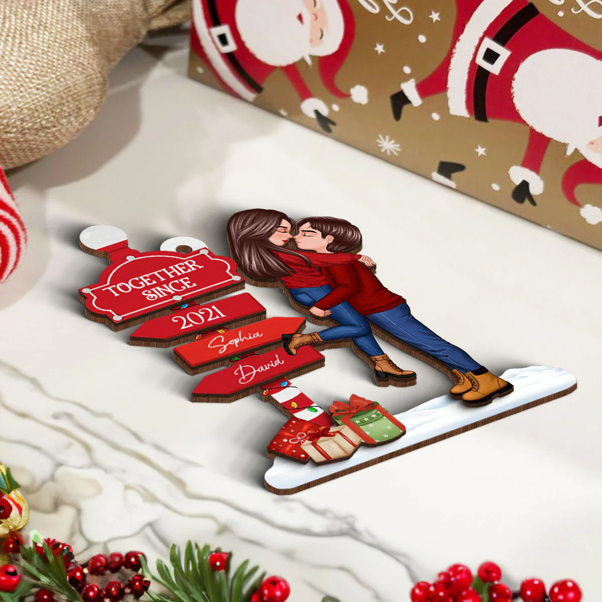 Christmas Couple Kissing Sign Personalized 2-Layer Wooden Ornament - Image 5
