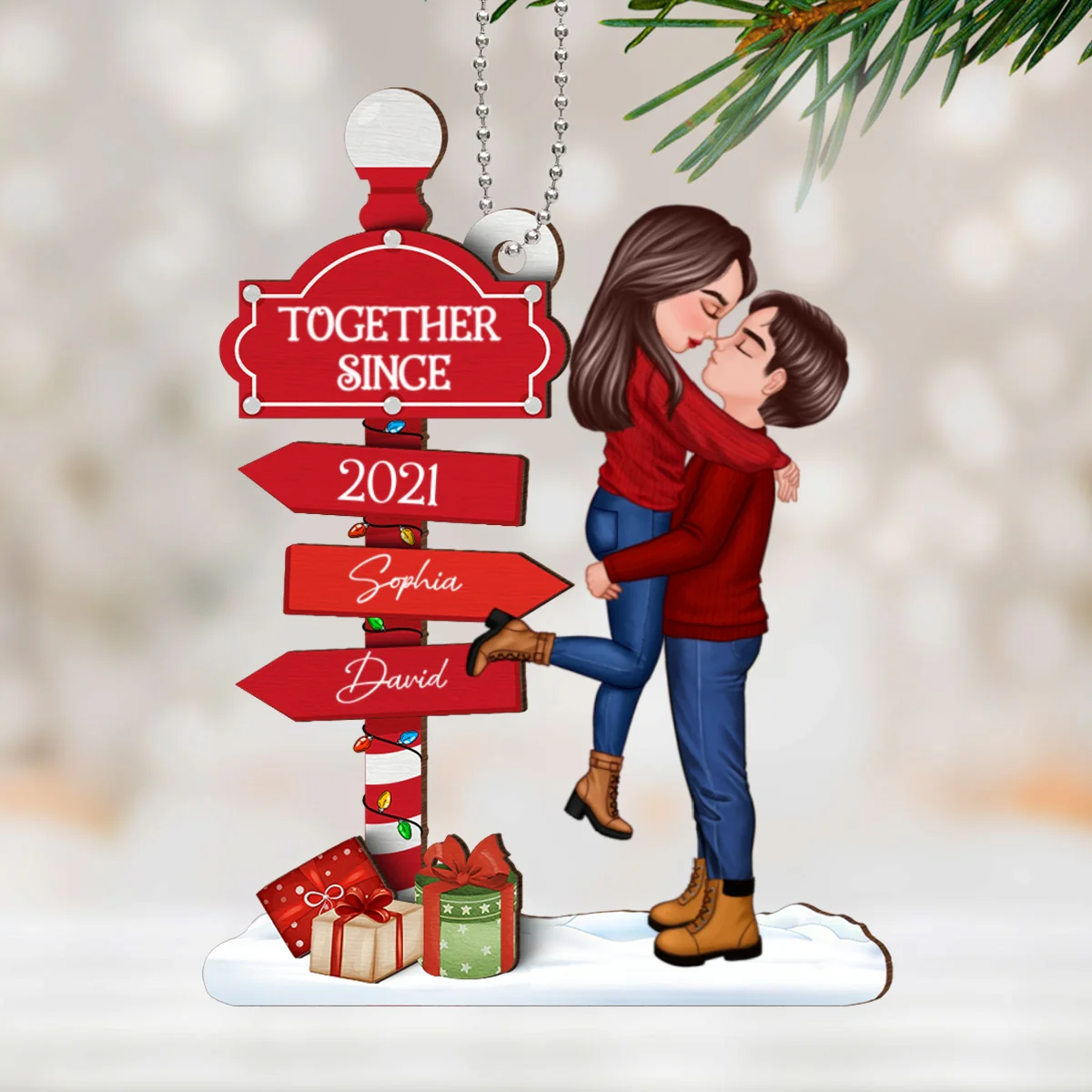 Christmas Couple Kissing Sign Personalized 2-Layer Wooden Ornament - Image 8