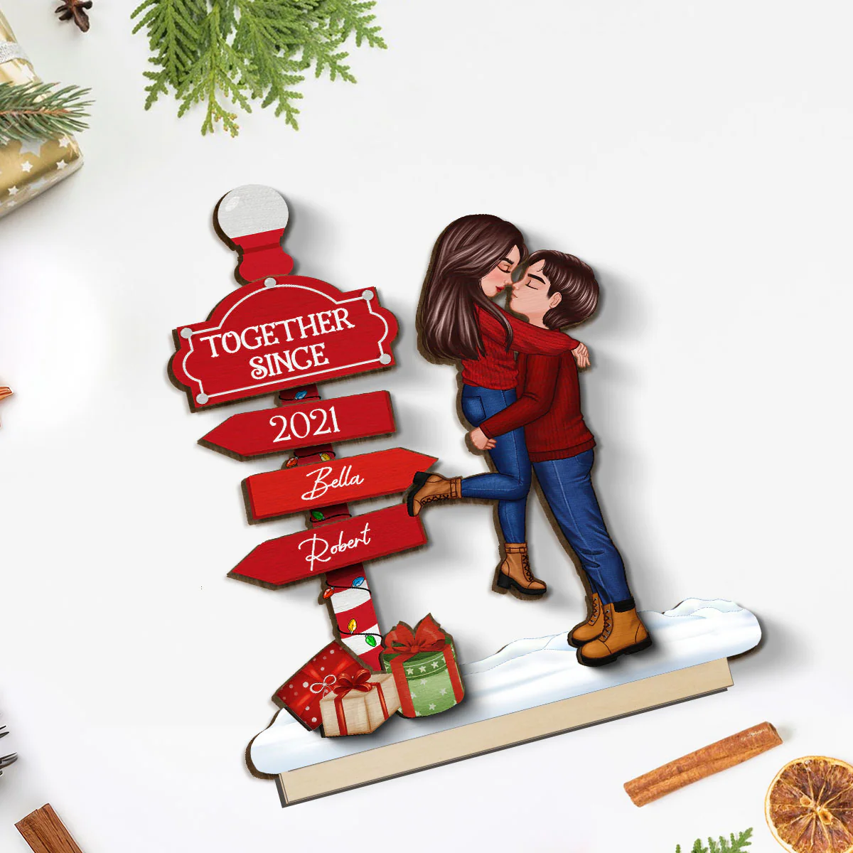 Christmas Couple Kissing Sign Personalized Standing Wooden Plaque - Image 5