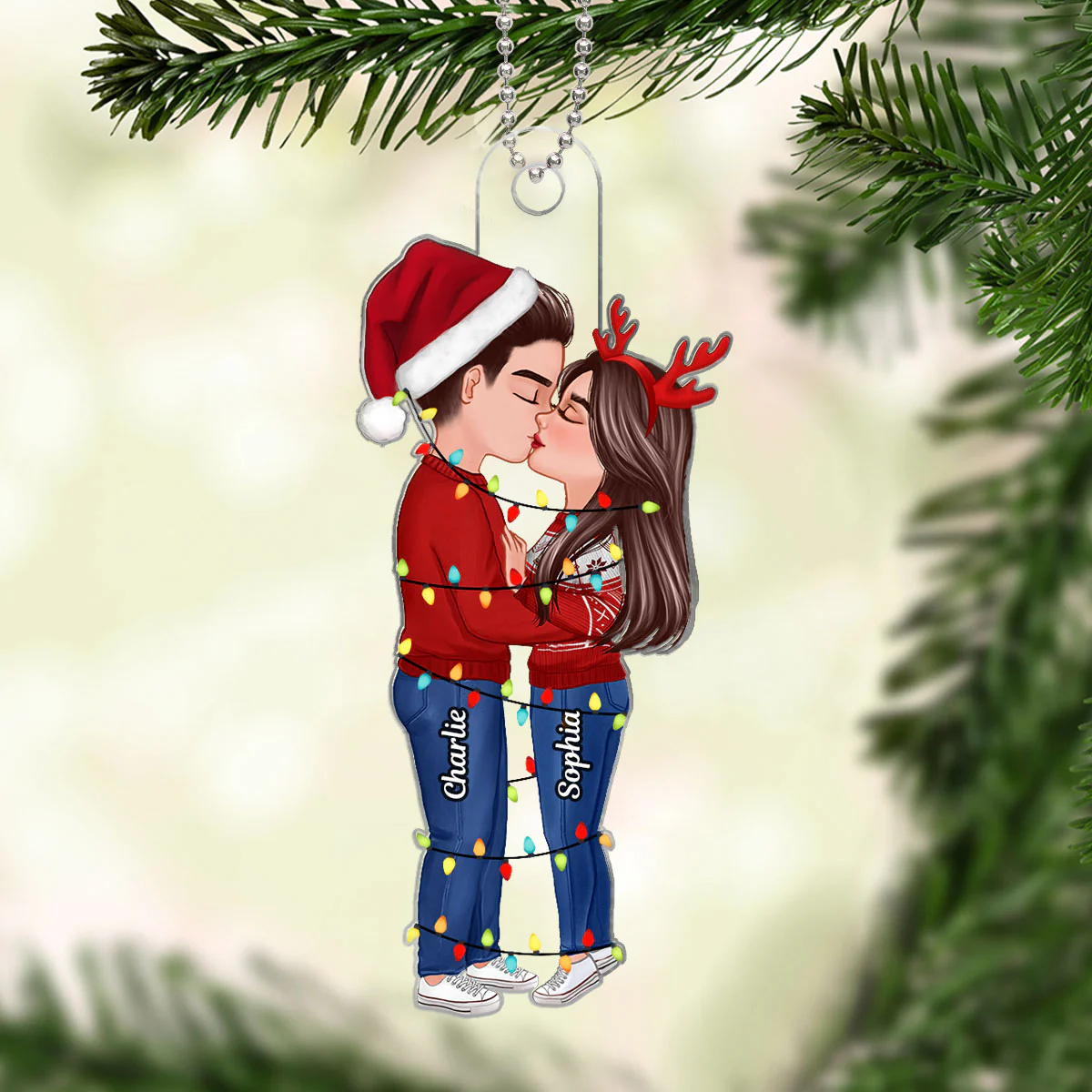 Christmas Couple Kissing With Light String Personalized Acrylic Ornament