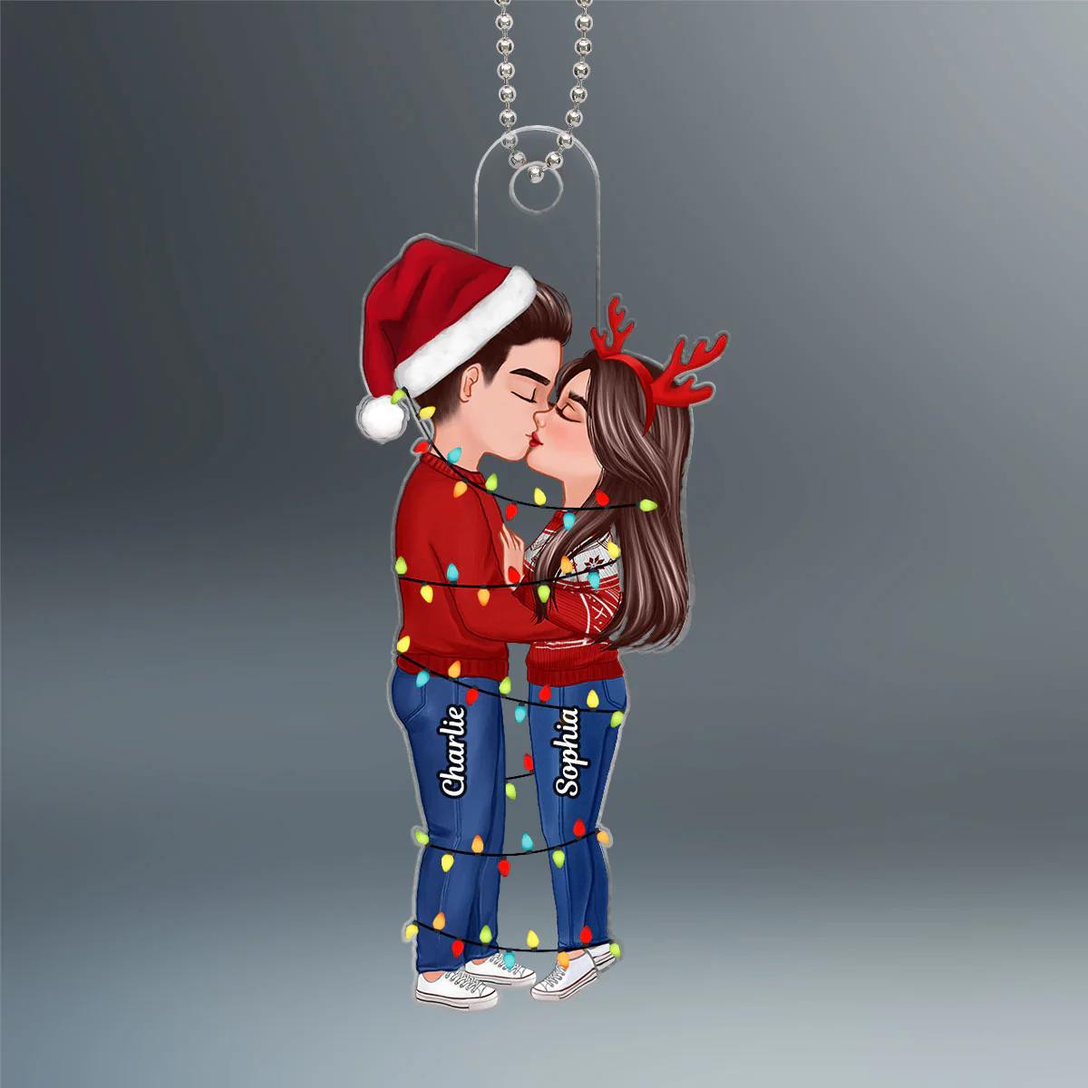 Christmas Couple Kissing With Light String Personalized Acrylic Ornament - Image 2