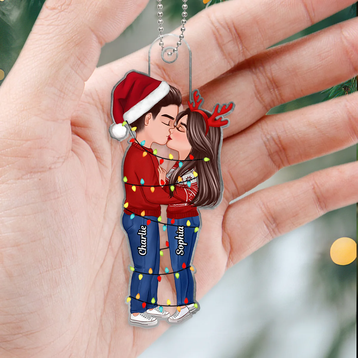 Christmas Couple Kissing With Light String Personalized Acrylic Ornament - Image 3