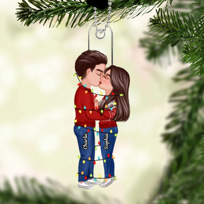Christmas Couple Kissing With Light String Personalized Acrylic Ornament - Image 5
