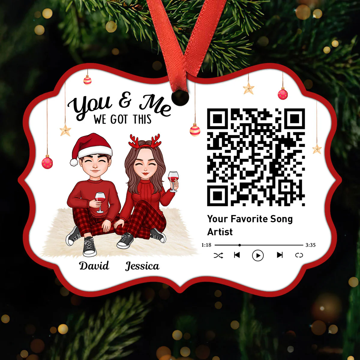 Christmas Couple Sitting Favorite Song Scannable QR Code Personalized Christmas Ornament - Image 2