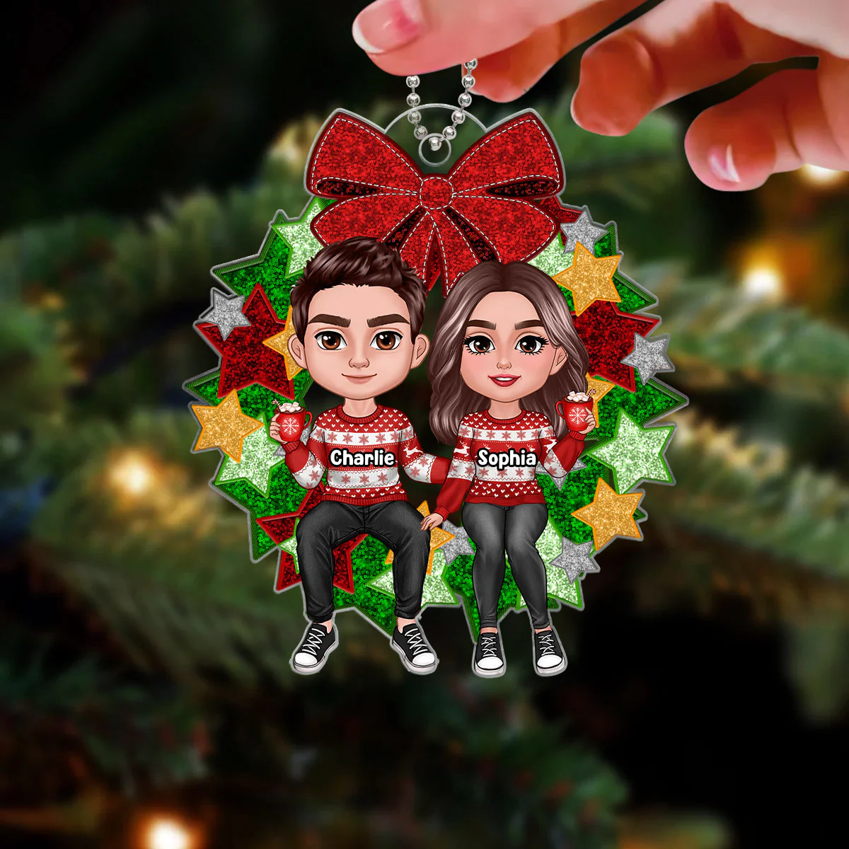 Christmas Couple Sitting On Faux Sequin Wreath Personalized Acrylic Ornament - Image 3