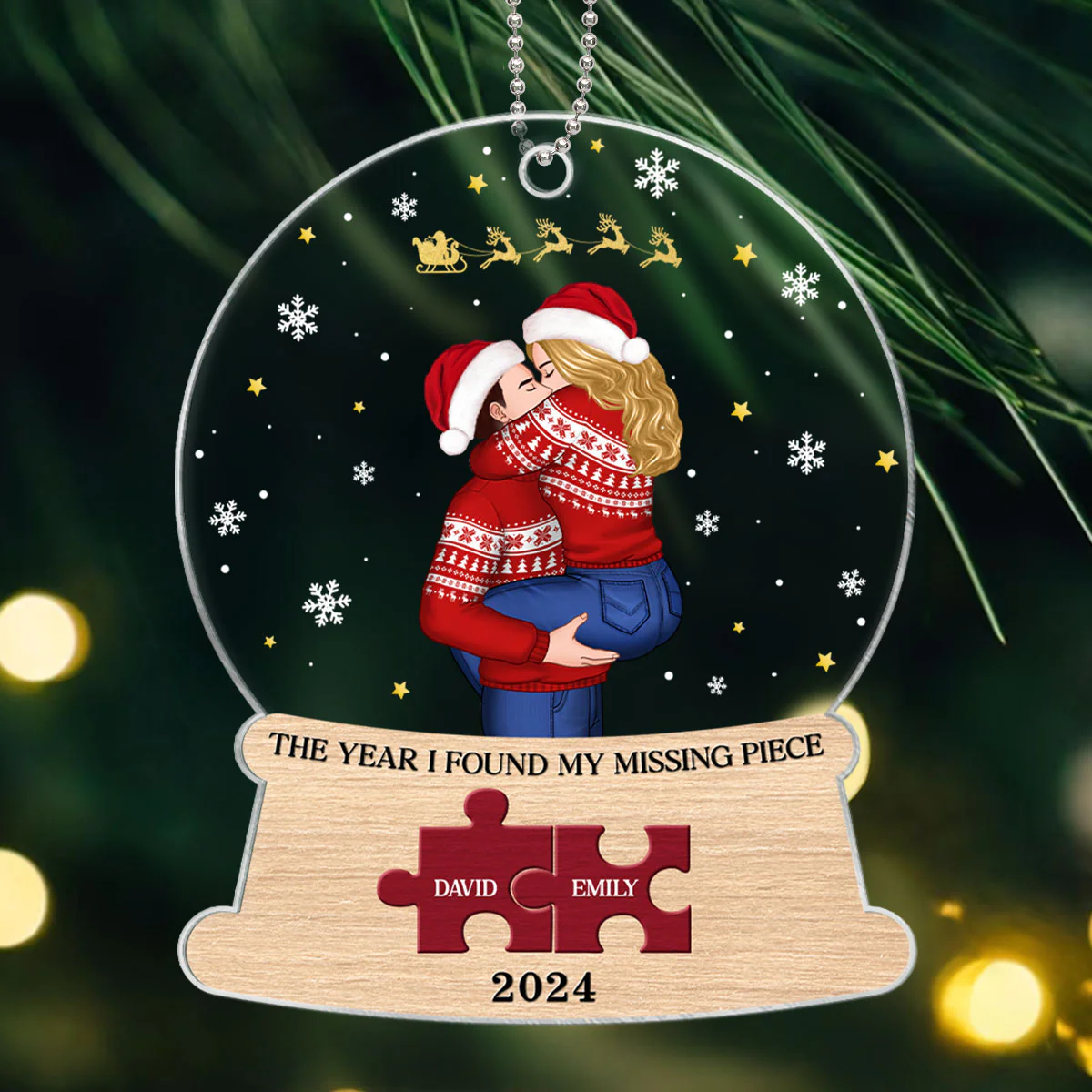 Christmas Couple The Year I Found My Missing Piece Snow Globe Personalized Acrylic Ornament - Image 2