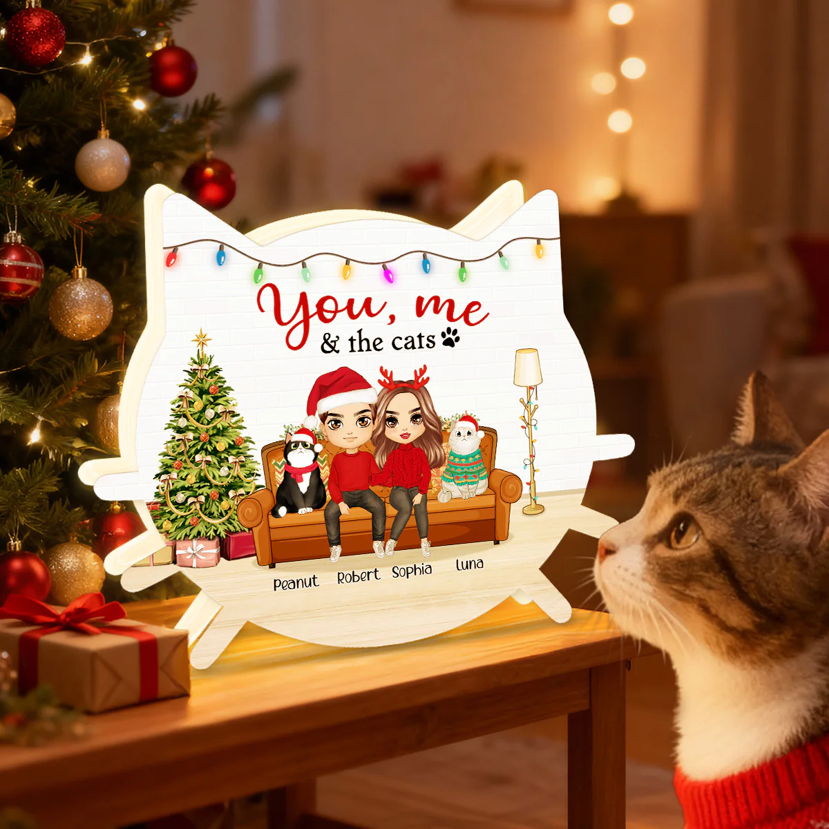 Christmas Couple You And Me And The Cats - Personalized Light Box - Gift For Cat Lovers - Image 2