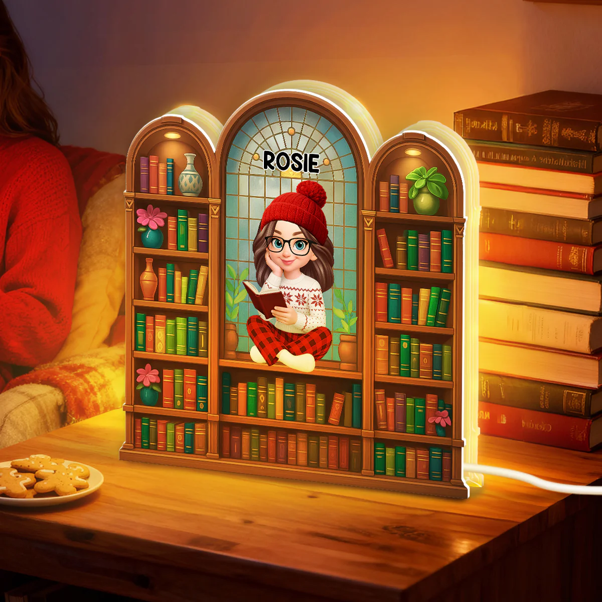 Christmas Cozy Vibe Pretty Girl Reading Book In Arched Bookshelf - Personalized Light Box - Image 6