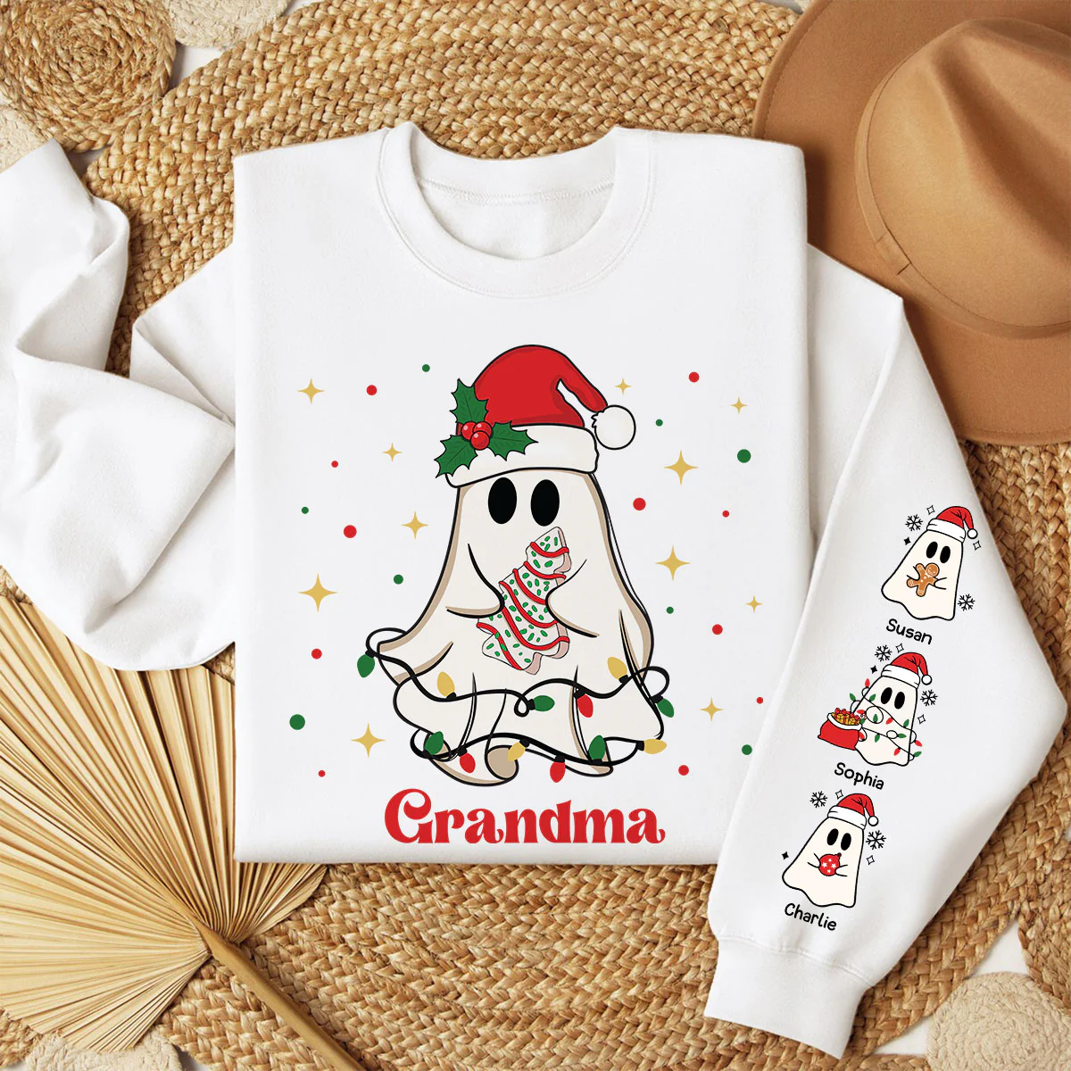 Christmas Cute Boo Grandma Grandkids Personalized Sleeve Printed Sweatshirt - Image 2
