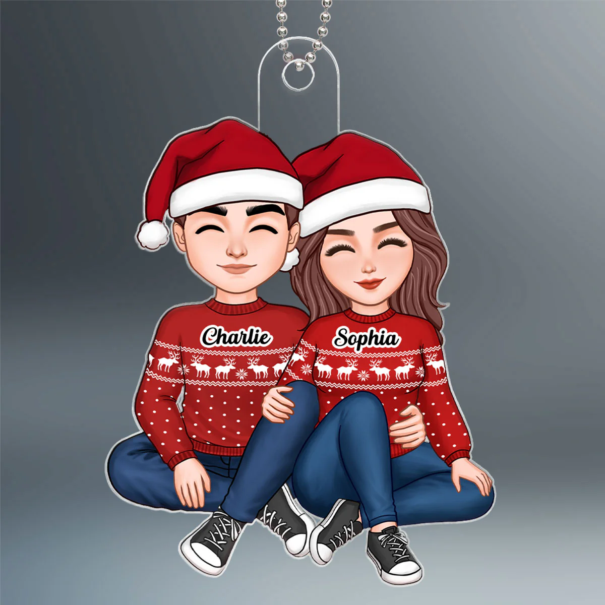 Christmas Cute Couple Sitting Hugging Personalized Acrylic Ornament - Image 2