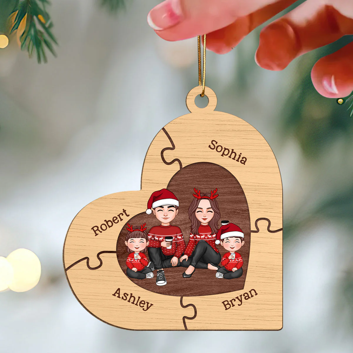 Christmas Cute Doll Family Sitting Heart Puzzles Personlized Wooden Ornament - Image 3