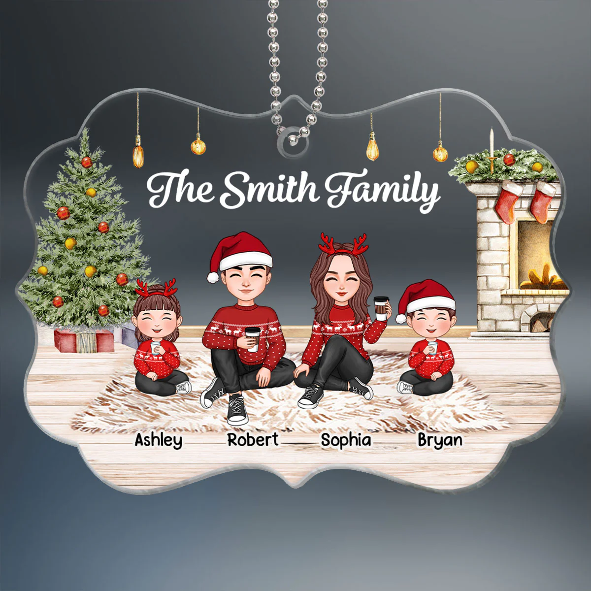 Christmas Cute Family Sitting Brick Fireplace Personalized Acrylic Ornament - Image 2