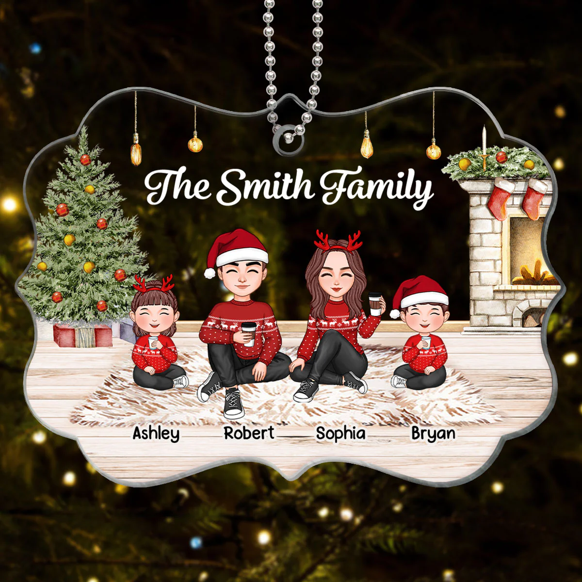 Christmas Cute Family Sitting Brick Fireplace Personalized Acrylic Ornament - Image 3