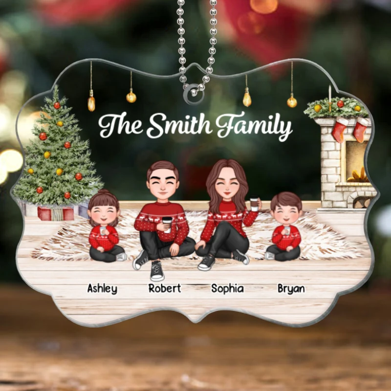 Christmas Cute Family Sitting Brick Fireplace Personalized Acrylic Ornament - Image 4