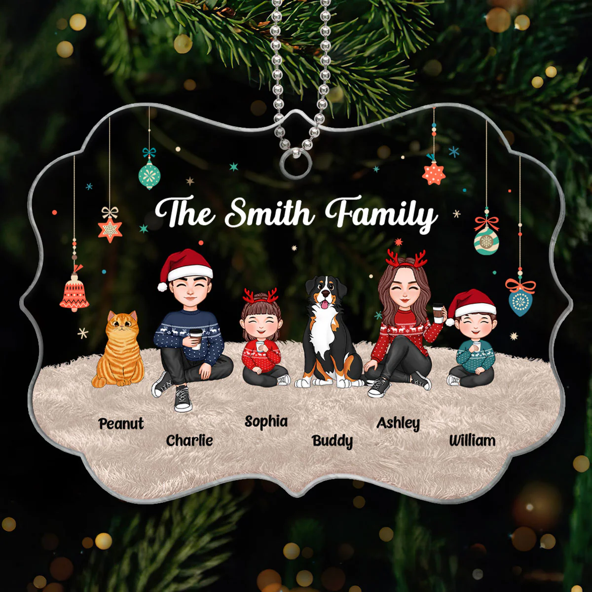 Christmas Cute Family Sitting On Carpet - Personalized Ornament
