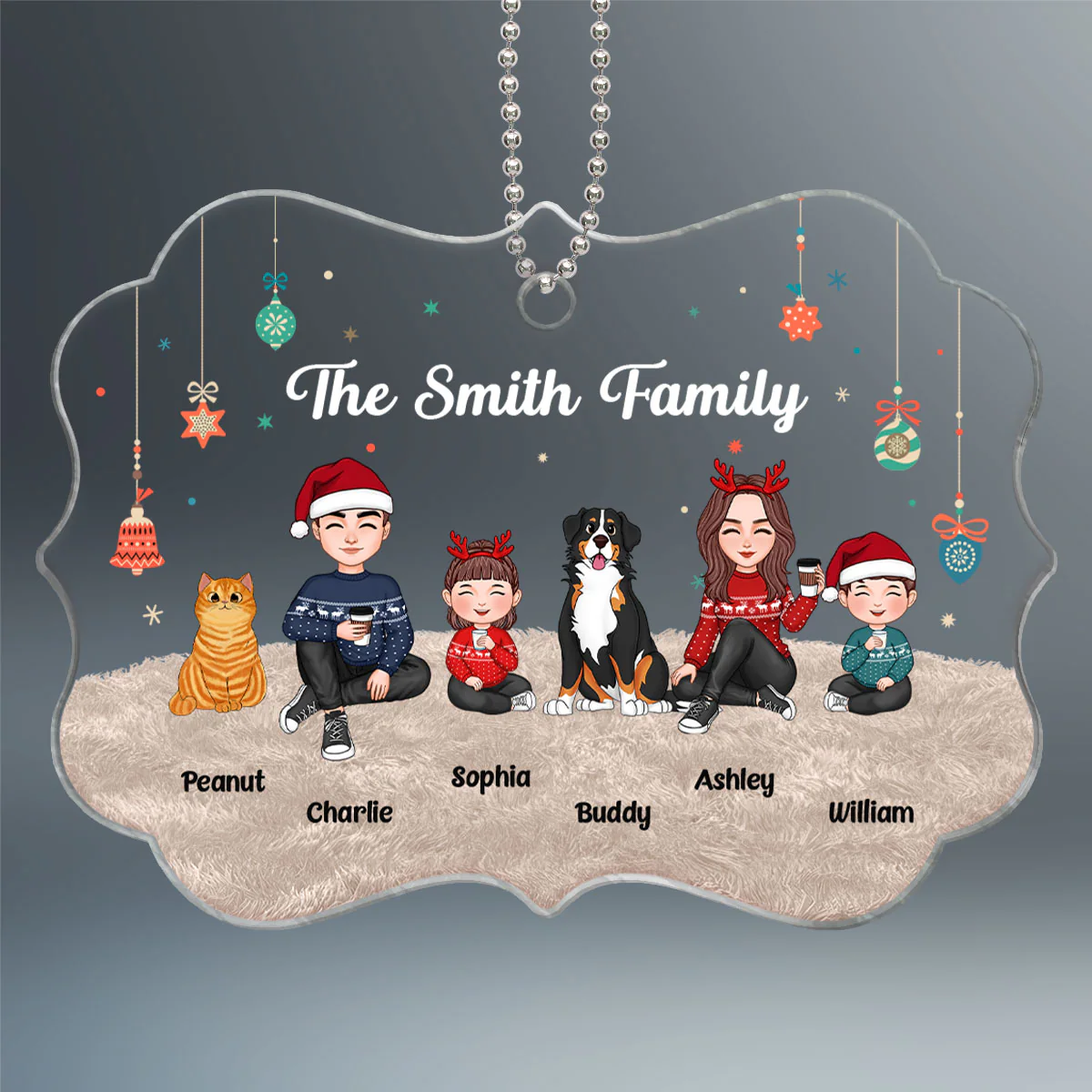 Christmas Cute Family Sitting On Carpet - Personalized Ornament - Image 2