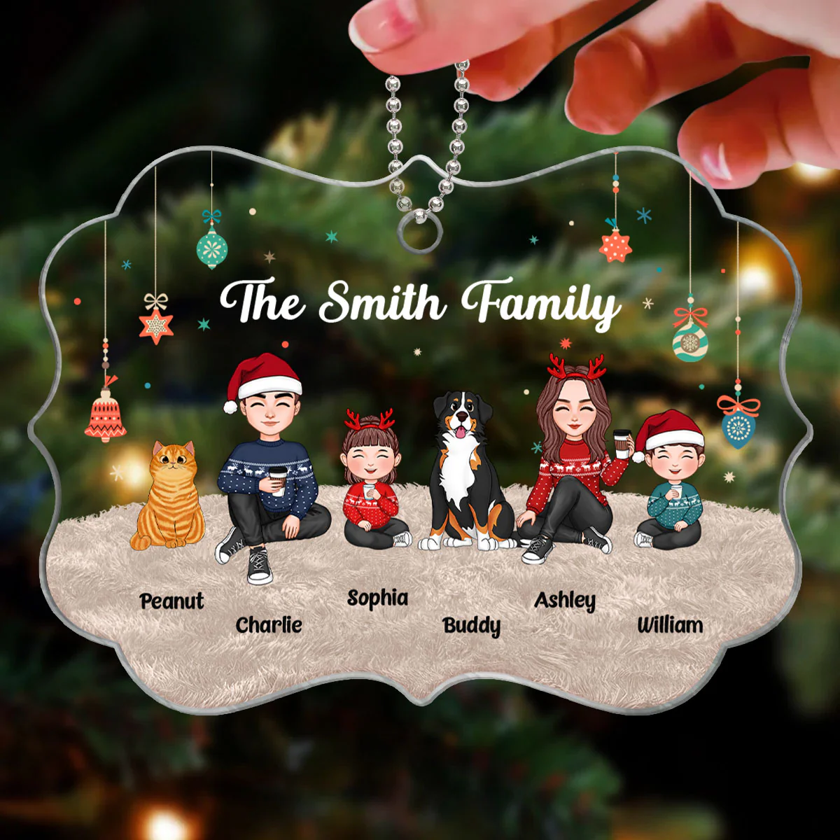 Christmas Cute Family Sitting On Carpet - Personalized Ornament - Image 3