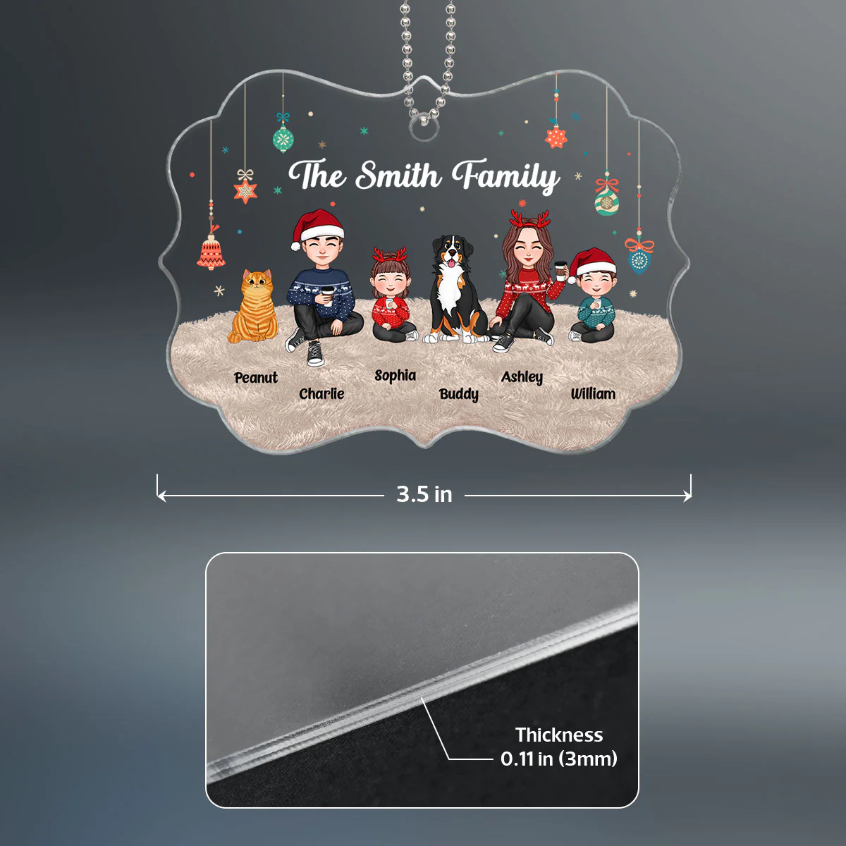 Christmas Cute Family Sitting On Carpet - Personalized Ornament - Image 4