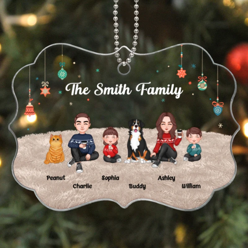Christmas Cute Family Sitting On Carpet - Personalized Ornament - Image 5