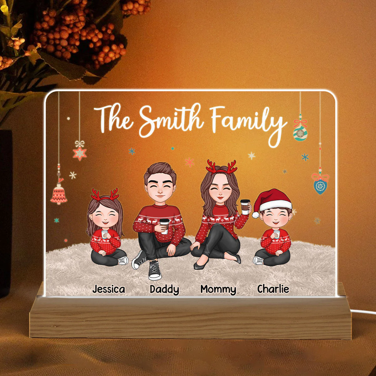 Christmas Cute Family Sitting On Carpet Personalized Acrylic Plaque Custom Shape Warm LED Night Light - Image 2