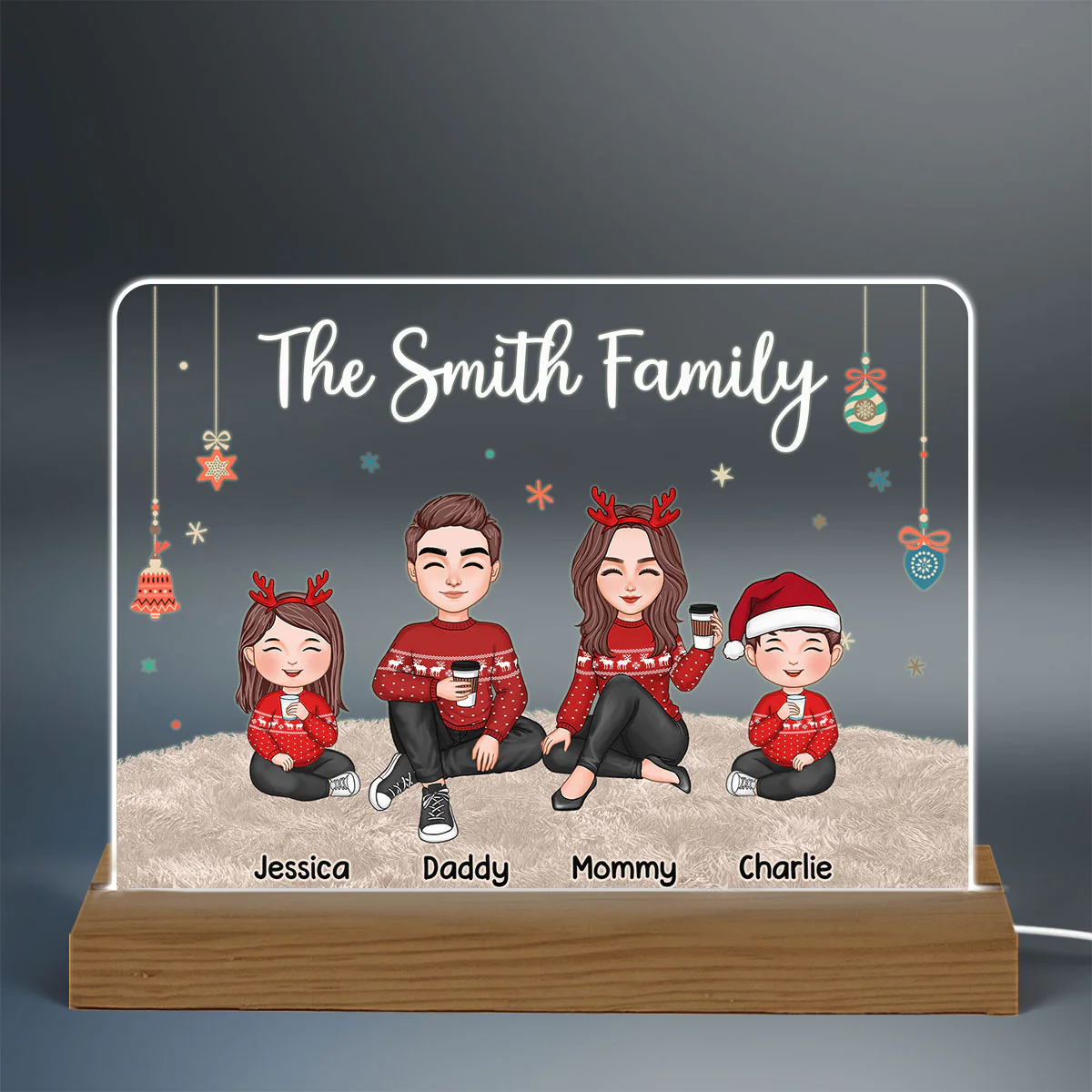 Christmas Cute Family Sitting On Carpet Personalized Acrylic Plaque Custom Shape Warm LED Night Light - Image 3