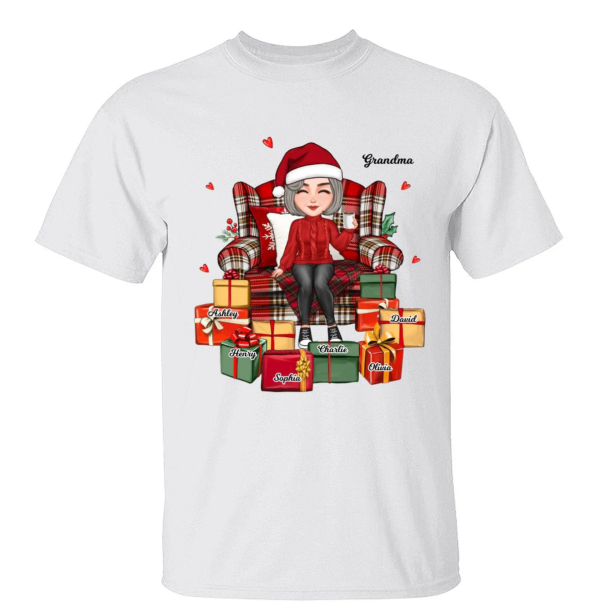 Christmas Cute Grandma Sitting On Chair Favorite Gifts Kids Names Personalized Shirt