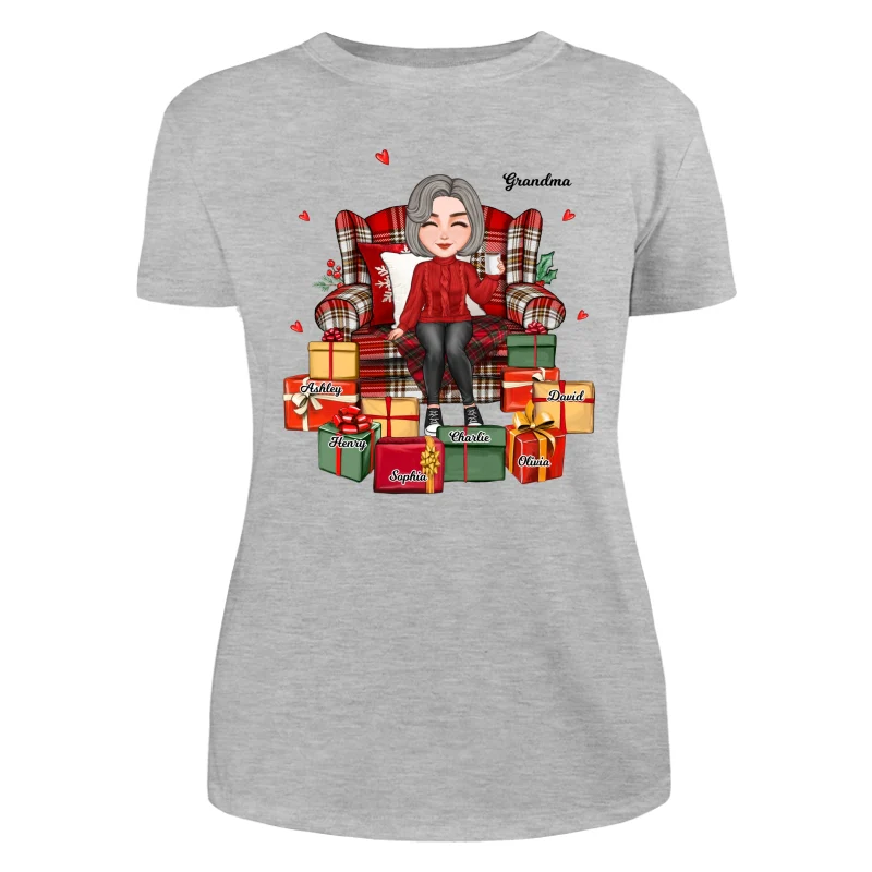 Christmas Cute Grandma Sitting On Chair Favorite Gifts Kids Names Personalized Shirt - Image 10