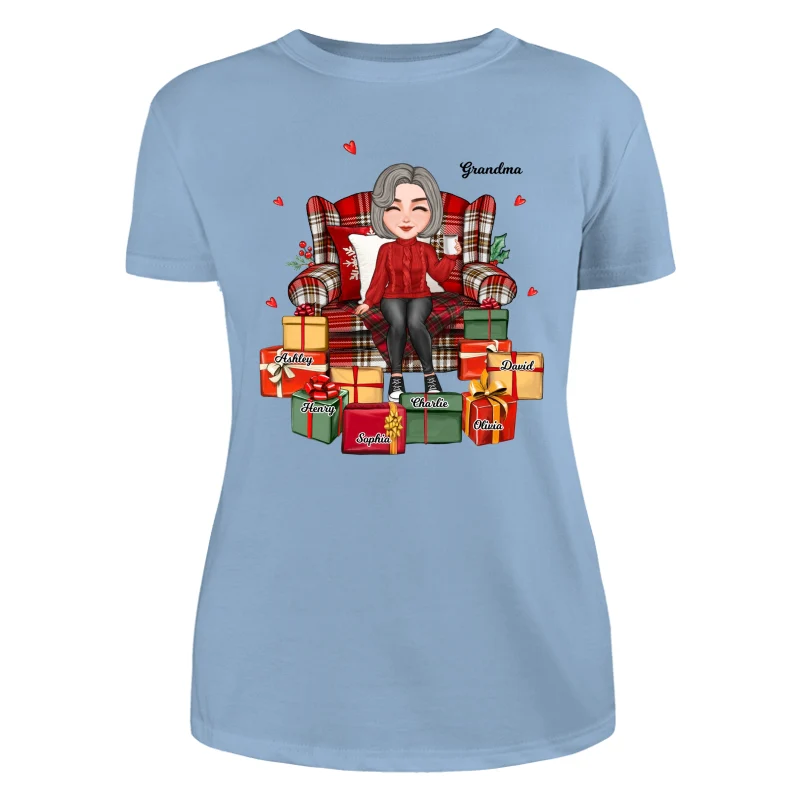 Christmas Cute Grandma Sitting On Chair Favorite Gifts Kids Names Personalized Shirt - Image 12