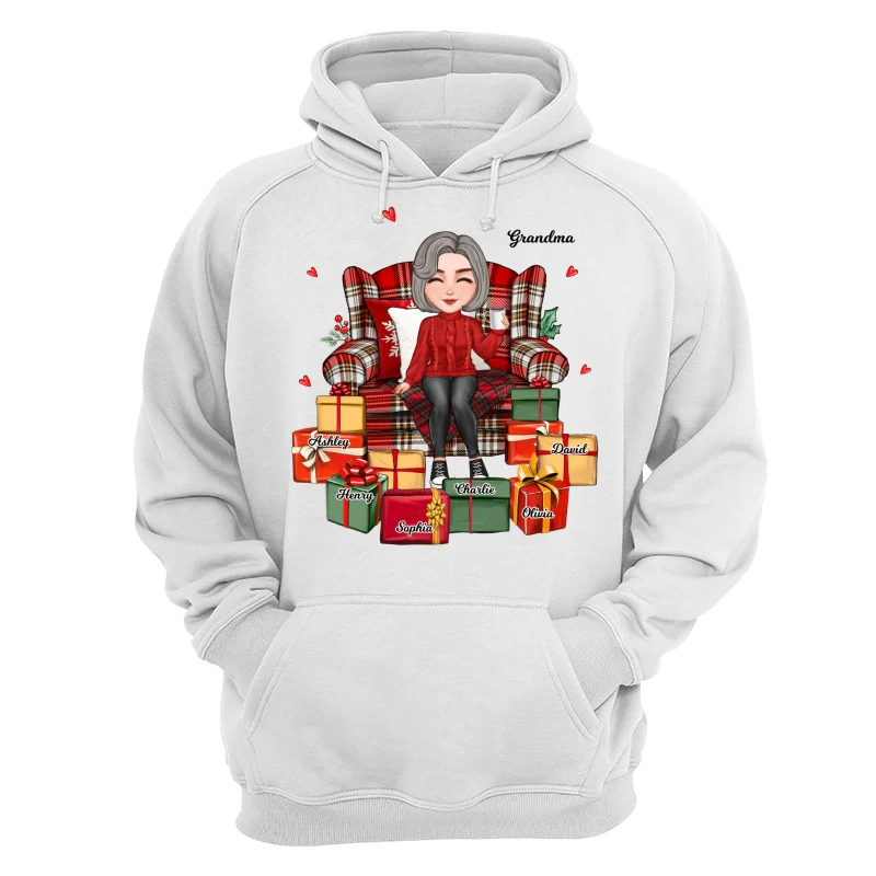 Christmas Cute Grandma Sitting On Chair Favorite Gifts Kids Names Personalized Shirt - Image 13