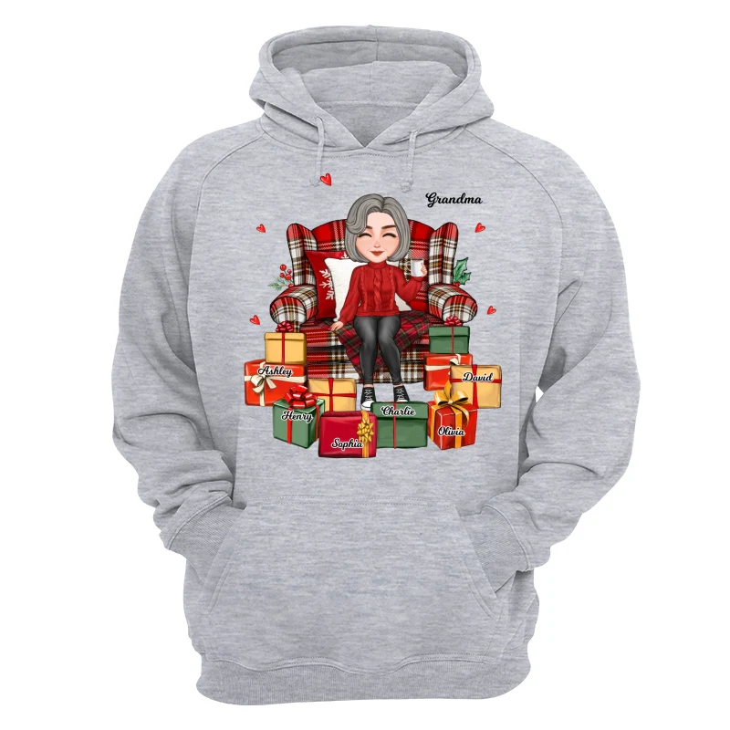 Christmas Cute Grandma Sitting On Chair Favorite Gifts Kids Names Personalized Shirt - Image 14